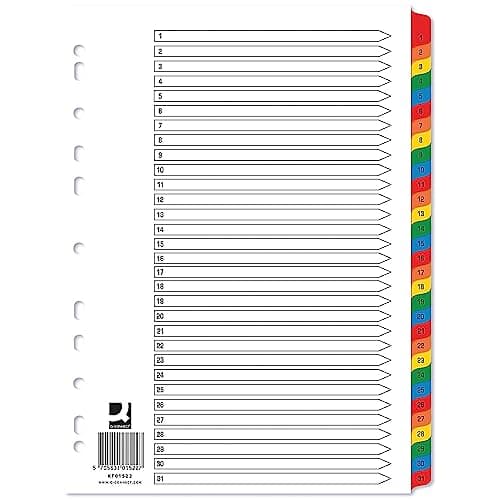Image of Q-Connect 1-31 Index Multi-punched Reinforced Board Multi-Colour Numbered Tabs A4 White KF01522