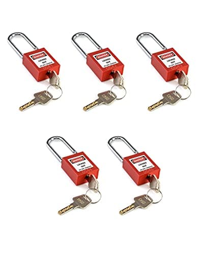 Image of QWORK® Safety Lockout Padlock Set, 5 Locks with 10 Keys, Non-Conductive Thermoplastic Body, Steel Shackle, Red