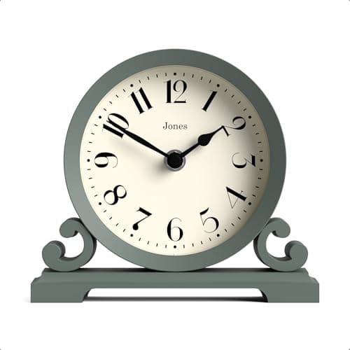 Image of Jones Clocks® Saloon mantel clock | Small traditional double scroll design | Green | Contemporary classic style for desk, table, shelf or bedside
