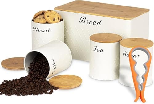 Image of Elegant Bread Bin Set Stylish Cream Canisters sets Storage Tins for Kitchen, Biscuit Barrel with Round, tea coffee sugar canisters Set for Modern Kitchen tea coffee sugar canisters Bamboo Airtigh Lids
