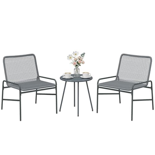 Image of Outsunny 3 Piece Rattan Bistro Set, Outdoor Garden Furniture Set with 2 Chairs, Round Coffee Table and Galvanised Steel Frame, Wicker Seating for Patio, Balcony, Porch, Dark Grey