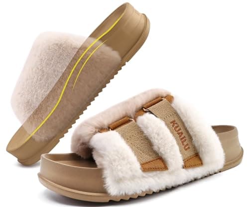 Image of KuaiLu Womens Platform Slipper with Arch Support Soft Cushion Faux Fur Sandals Open Toe House Slipper Fluff Slides Indoor Outdoor,Beige Size 8