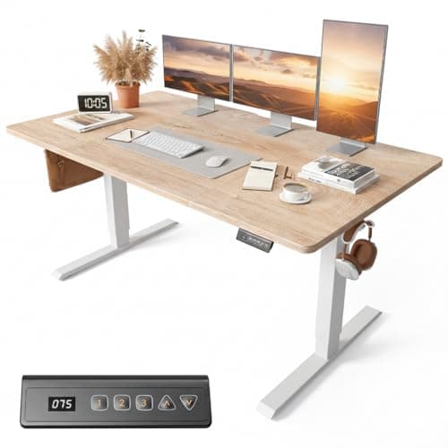 Image of FEZIBO Height Adjustable Electric Standing Desk, 160 * 80 cm Stand up Table, Sit Stand Home Office Desk with 4 Pieces Splice Board, White Frame/Oak Top