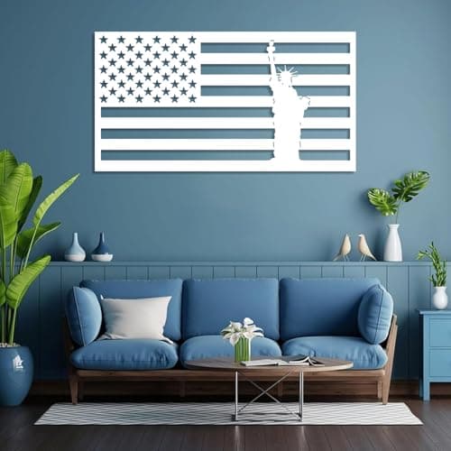 Image of OSTCAL American Flag Metal Wall Art, Statue of Liberty Metal Wall Art, Statue of Liberty Metal Wall Decor, Metal Wall Art, Patriot Gift, Wall Decor for Living Room, Bedroom (White, 30"x16" | 76x41cm)