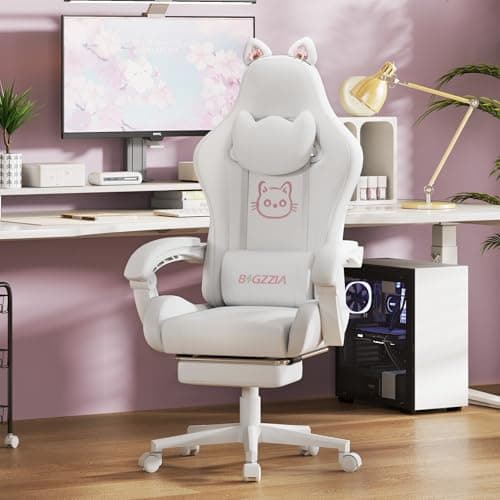 Image of Racingreat Gaming Chair,Ergonomic Gaming Chair with Cat Ears for Girls Adults, Height Adjustable Reclining Computer Game Chair Comfortable with Headrest and Massage Lumbar Support (White)