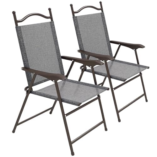 Image of Outsunny Folding Chairs Set of 2, Garden Chair with Armrest, Breathable Mesh Fabric Seat, Camping Sports Chairs for Adults, Grey