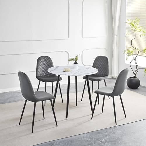 Image of HomJoy Round Dining Table and Chairs Set of 4 Marble Effect Wood Table White 90cm Modern Grey Velvet Padded Chairs 5 Piece Dining Room Kitchen Home Office Restaurant Pub Cafe
