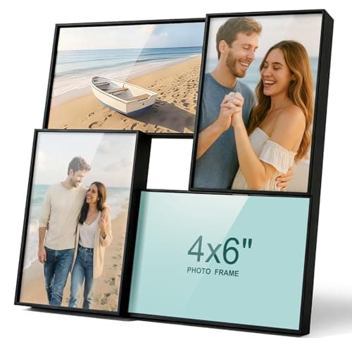 Image of JingImage 6x4 Black Multi Photo Frames, 4 Opening Collage Picture Frame for 4x6 inch Photos, 10x15 cm Small Family Frames, Plastic and Plexiglass, Tabletop and Wall Mounting