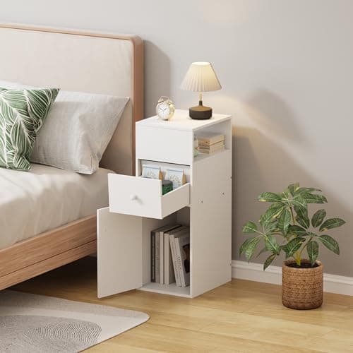Image of Sanery Slim Bedside Table with 1 Drawer & 1 Door, Living Room Sofa Side End Table, Compact Wooden Lamp Telephone Table for Home Office Hallway, Narrow Bedroom Nightstand Cabinet (White)
