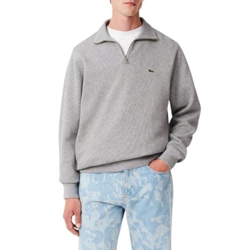 Image of Lacoste Men’s Long Sleeve Quarter Zip Cotton Sweatshirt - silver - S