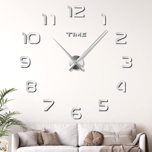 Image of JIZZU 3D Stick on Wall Clock Large Modern, Wall Clocks for Living Room, 3D Self Adhesive DIY Frameless Large Wall Clock Modern Arabic Numerals for Living Room Kitchen Bedroom Office Home(Silver)