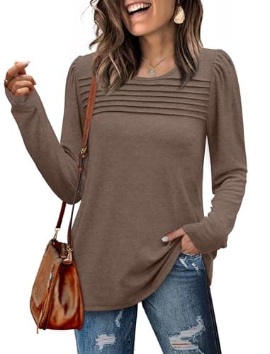Image of WIHOLL Long Sleeve Tops Sweatshirts for Women uk Ladies Blouses Pleated Jumpers Crew Neck Puff Sleeve Tunic Top Size 10-12 Warm brown