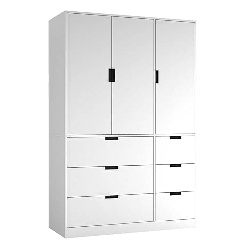 Image of URBNLIVING 3-Door Wardrobe with 6 Drawers – Customisable Two-Tone Storage Unit - White Unit & White Doors & Drawers