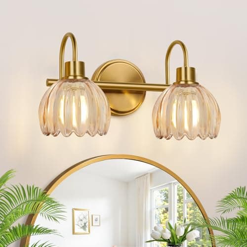 Image of Meybiok Bathroom Light Fixtures, 2-Light Brushed Gold Vanity Lights for Bathroom with Ribbed Amber Tulip Glass Shade, Vanity Lights Over Mirror for Bedroom, Living Room, Hallway