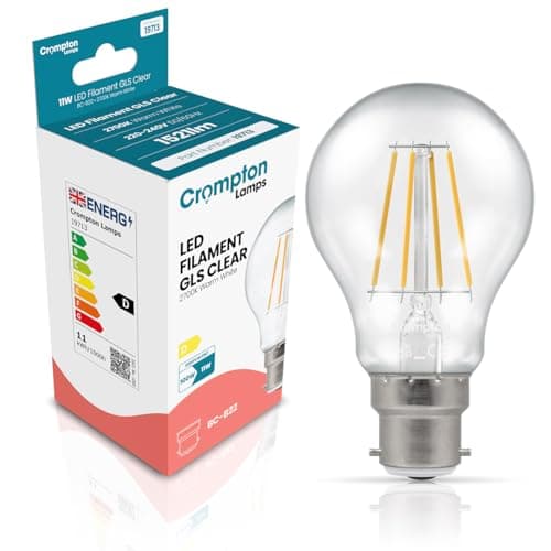 Image of Crompton Lamps Filament GLS LED Light Bulb BC-B22d | 11W = 100W Equivalent | Warm White 2700K | Energy Efficient | Bayonet Lightbulb | Long Life 15,000-Hrs | Clear Glass | Dimmable