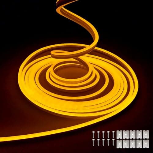Image of Balabaxer Yellow neon LED Strip Lights, 16.4 ft/5m 12V DC 600 SMD2835 LEDs Waterproof Rope Light for Indoor and Outdoor Home Decoration (no Power Adapter Included).