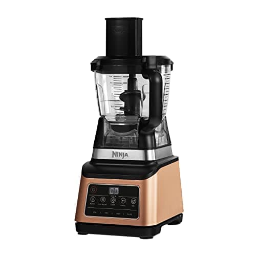 Image of Ninja 3-in-1 Food Processor & Blender, Coffee & Spice Grinder, 5 Auto Programs; Blend, Max, Chop, Puree, Mix, 1.8L Bowl, 2.1L Jug, 700ml Cup, 1200W, Apron, Dishwasher Safe, Copper/Black BN800UKDBCP