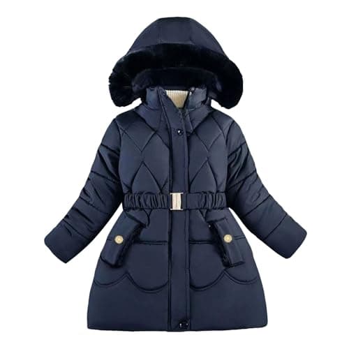 Image of Girls Belted Long Winter Coat Faux Fur Hooded Quilted Windproof Warm Length Puffer Jacket Kids Casual Outdoor Outerwear (Navy, 9-10 Years)