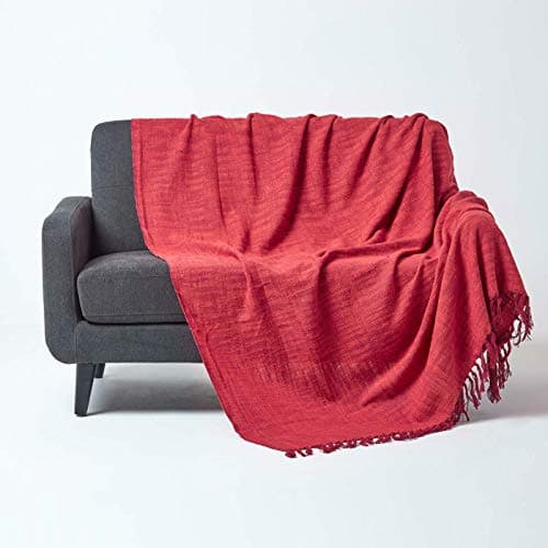 Image of HOMESCAPES Nirvana Burnt Orange/Terracotta Handwoven Pure Cotton Throw 100 x 140 Inches, Bedspread Blanket with Handknotted Tassels in Very Durable and Heavy Quality, Easy-Care and Washable at Home