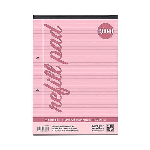 Image of RHINO A4 Refill Pad, Writing Pad, 100-Page / 8mm Lined with Margin, 1-Pack, Pink Lined Writing Paper for Dyslexia & SEN, Office & School Stationery Supplies