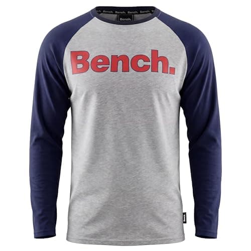 Image of Bench Men's Long-Sleeved Raglan T-Shirt with Graphic Logo Crew Neckline Casual Smart Shirts Long Sleeve T Shirt Mens Gym Tshirt & Active Wear Full Sleeve Designer Tops & Running Tees Navy/Grey L