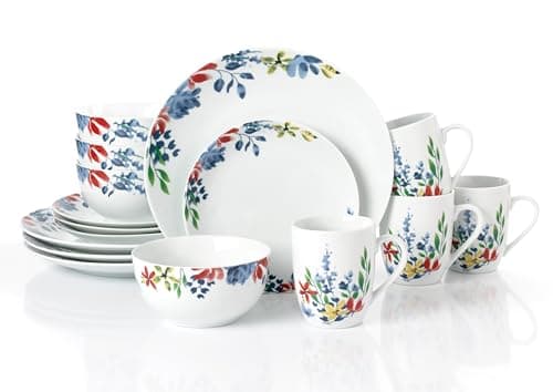 Image of Waterside 16pc Watercolour Floral Porcelain Dinner Set; 4 Dinner Plates, Side Plates, Deep Bowls and Mugs - Dishwasher & Microwave Safe