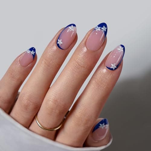 Image of BTArtbox Press On Nails Short - Lamp-Curable Blue French Tip False Nails with Glue, Semi-Transparent Soft Gel Stick On Nails in 16 Sizes - 32 Almond Fake Nail Kit, Blue Blossom