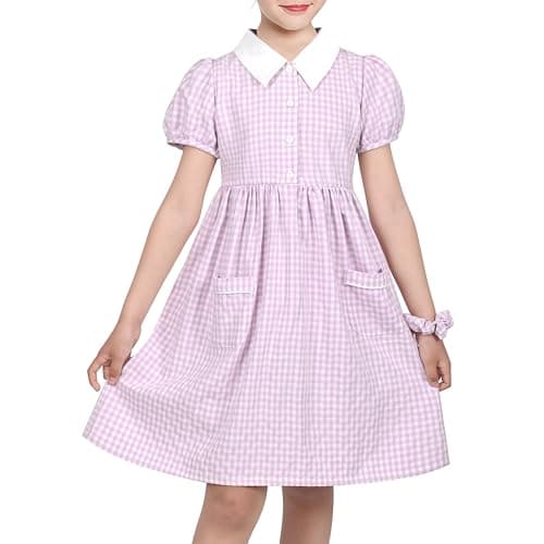 Image of Sunny Fashion Girls Dress Purple Gingham Plaid Pocket School Outdoor Holiday Summer Age 12 Years