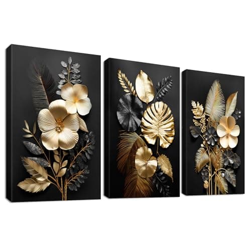 Image of 3 Panels Wooden Framed 3D Black Gold Flowers Canvas Wall Art Tropical Monstera Coconut Leaves Painting on Canvas Prints Pictures for Living Room Bedroom Home Wall Decoration 90x40cm(12"x16"x3pcs)