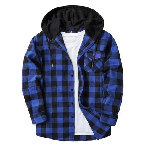 Image of Mens Checked Shirt Long Sleeve Hooded Flannel Shirts Casual Drawstring Button Down Work Plaid Hoodie Adult Regular Fit Lightweight 4 Seasons Lumberjack Jacket with Pocket S-5XL Blue