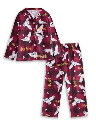 Image of Harry Potter Hedwig Girls Red Long Sleeve Long Leg Pyjama Set | Checkered Sleepwear with Collared Neck & Button Closure | Movie Character Nightwear for Bedtime Merch - 7-8 Years