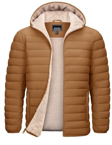 Image of TACVASEN Men's Winter Jacket Sherpa Lined Hooded Puffer Water Resistant Warm Quilted Down Jackets Parka Coat Brown M