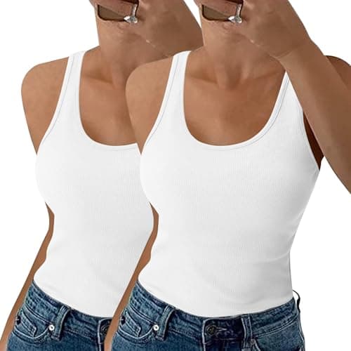Image of Aottori Women Tank Tops Summer Sleeveless Vest 2 Pack Crew Neck Ribbed Camisole Shirt Cotton Sexy Slim Fit Stretch Solid Casual Basic Cami Undershirt White+White M