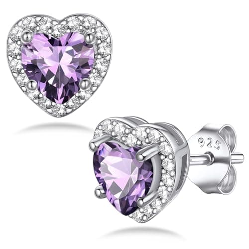 Image of Bestyle Sterling Silver Studs Earrings for Women Hypoallergenic Amethyst Earrings February Birthstone Earrings Heart Purple Cubic Zirconia Elegant Ear Jewellery Great Birthday Gifts