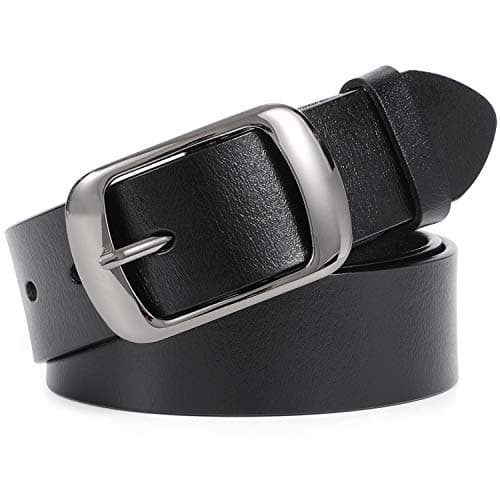Image of JASGOOD Women Leather Belts for Jeans Pants Fashion Dress Belt for Women with Solid Pin Buckle, Brushed Black, S, Fit waist 25"-30"