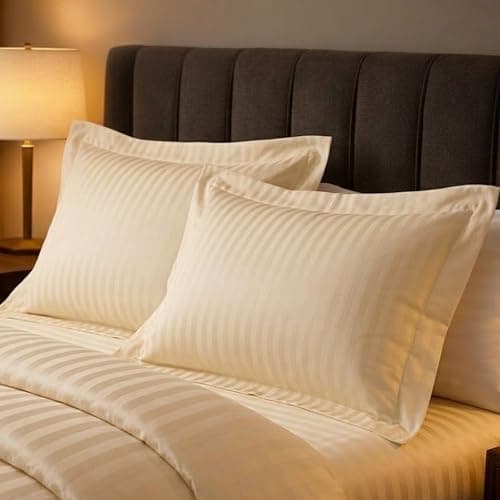 Image of Luxury Hotel Quality 100% Egyptian Cotton Sateen Stripe Oxford Pillowcases 250TC Satin Striped Pillow Case (Ivory/Cream, Oxford Pillowcase)