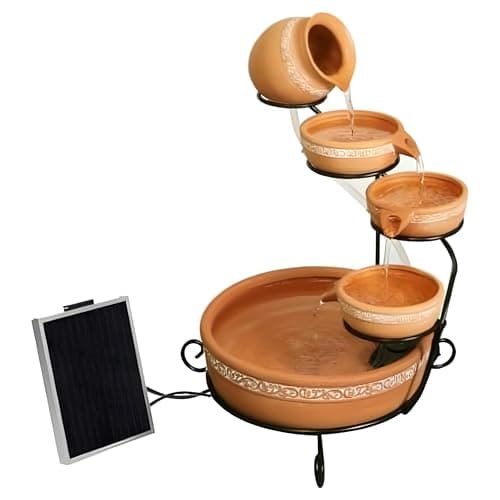 Image of Primrose 55cm Inlaid Terracotta Solar Powered Jug & Dish Water Feature Cascade with Battery Backup and LED Lights