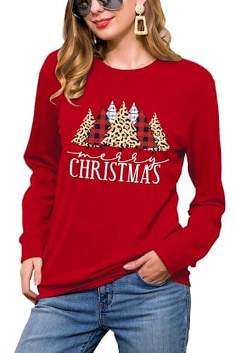 Image of Merry Christmas Sweatshirts Women Xmas Shirt Christmas Tree Graphics Long Sleeve Holiday Long Sleeve Pullover Top (Red-b,S)
