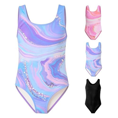 Image of zoogobee Girls Swimming Costume One Piece Swimsuit Quick Dry Kids Swimwear with Sun Protection, Stretchy Athletic Bathing Suit for Beach Pool Training Purple