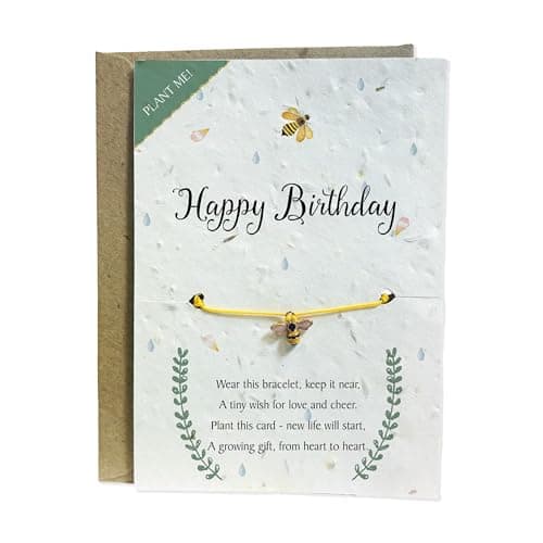 Image of Bee or Flower Charm Bracelet – Eco-Friendly Jewellery Gift for Her – Adjustable Bracelet on Plantable Wildflower Seed Paper – Sustainable Gift for Nature Lovers (Birthday Bracelet Card)