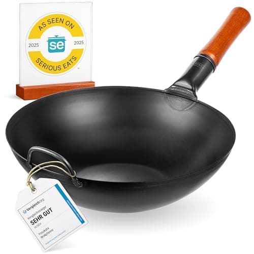 Image of YOSUKATA Carbon Steel Woks and Stir Fry Pans 34 cm - Traditional Chinese Japanese Wok with Flat Bottom - Compatible with Induction, Electric, Ceramic, Gas cooktops, and Open Flame, BBQ, Grill