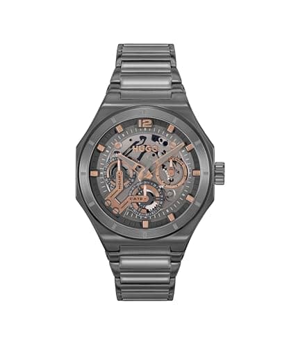 Image of HUGO Analogue Multifunction Quartz Watch for Men #Grail Skeleton Collection with Grey Stainless Steel Bracelet - 1530378