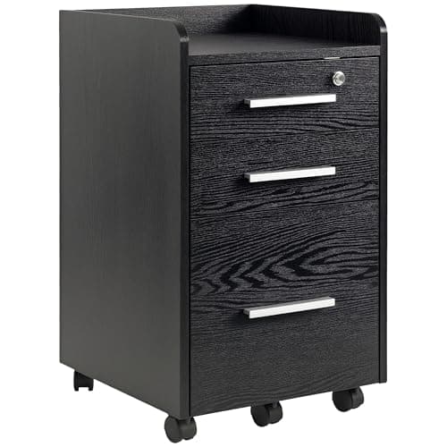 Image of HOMCOM 3 Drawer Filing Cabinet with Lock, Rolling Under Desk Drawers with Edged Top for Letter, A4 Size, Hanging File Folders for Home Office, Black