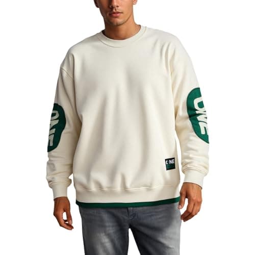 Image of Generisch Men's Spring Loose Casual Style Long Sleeve Colour Block Crew Neck Sweatshirt, beige, M
