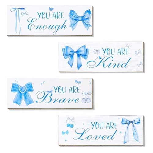 Image of Dmnnlp 4pcs Girls Bedroom Accessories, 11.5" Inspirational Wooden Wall Art Decor for Girl, Coquete Bow Room Decor for Bathroom, Bedroom, Girls' Dormitory (Blue)
