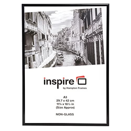 Image of Hampton Frames | Poster Frame A3, Black, 42x30cm, Rectangular, Acrylic Front, Lightweight Plastic | Wall Mount, Landscape or Portrait, For Photos, Certificates, Posters