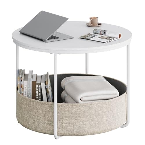 Image of WLIVE Round Coffee Table with X-shaped Steel Frame (White, Round Coffee Table with Storage)