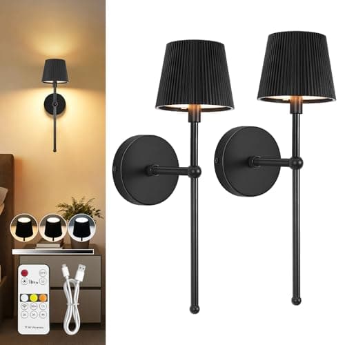 Image of Dehobo Rechargeable Wall Lights Set of 2, Battery Operated Wall Lights with 3 Color Temperature, Striped Dimmable 5200mAh Wireless Wall Sconces Indoor for Living Room, Bedroom, Dining, Hallway, Black
