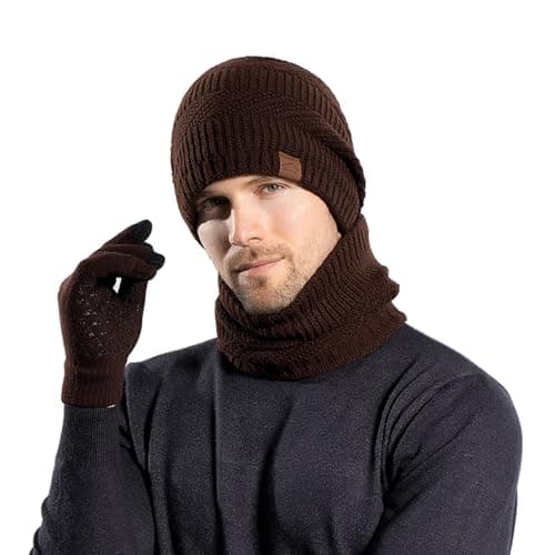 Image of Men's Winter 3-Piece Set - Beanie Hat, Scarf & Touchscreen Gloves - Warm, Soft & Stylish Knit Winter Accessories (Coffee, ONE SIZE)