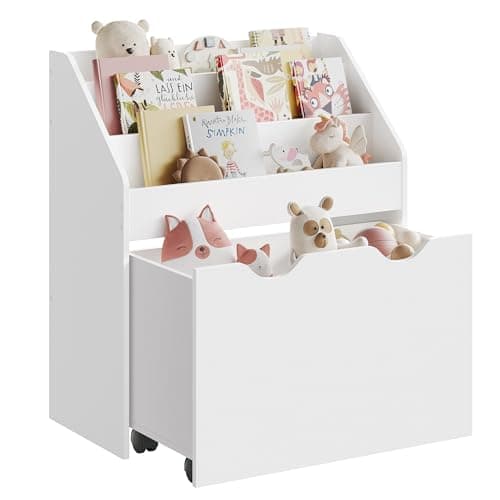 Image of SONGMICS Kids Bookshelf and Toy Organiser, Toy Storage Chest and Bookcase with 3 Shelves, Storage Box with Wheels, Multipurpose, for Children's Room and Playroom, Cloud White GKR041W10